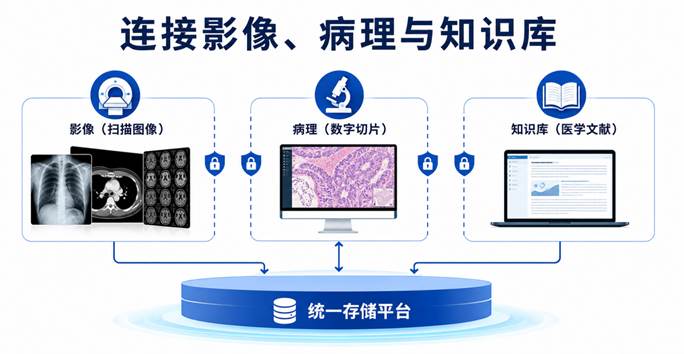 连接影像、病理与知识库。概念示意图。